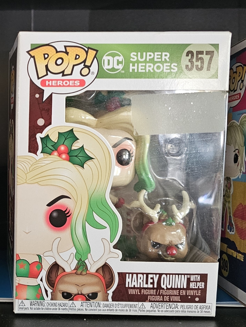 Funko Harley Quinn Vinyl Figure with Green Blonde Hair and Reindeer Helper